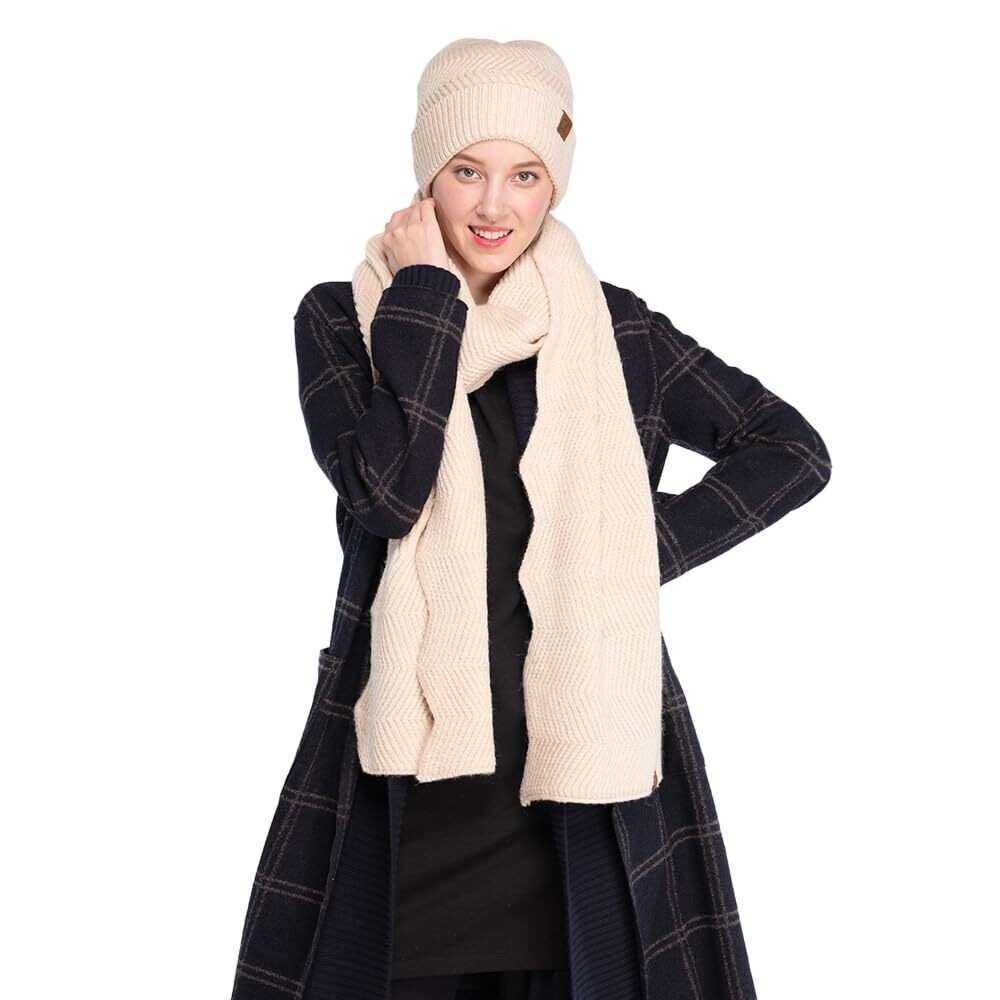 9068 Winter Knit Beanie Hat and Scarf Set, Chevron Pattern, Warm Cozy